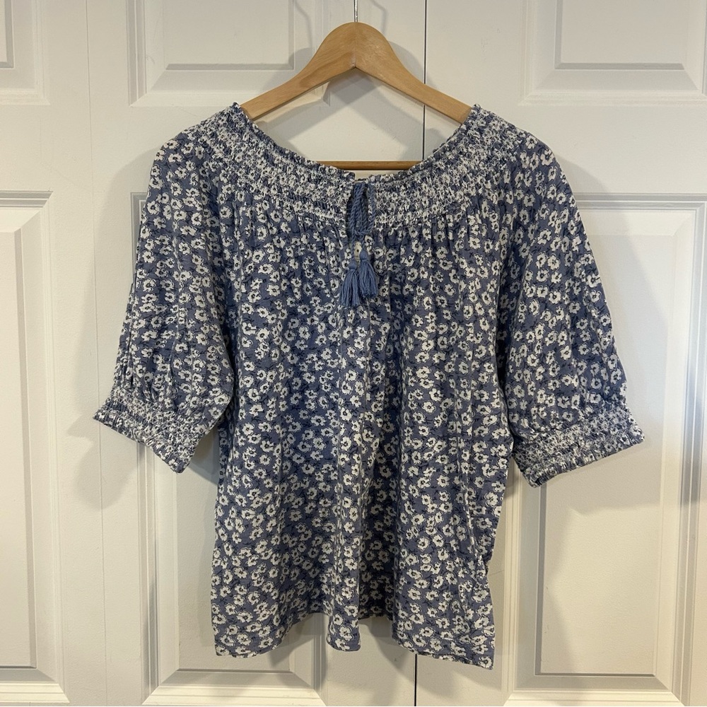 Lucky Brand Blue Floral Puff Sleeve Peasant Blouse Size M Easter Spring